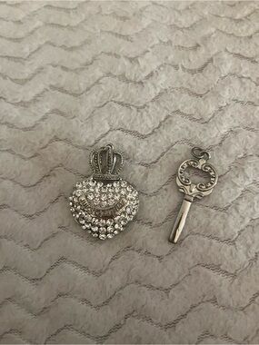 Juicy Couture Rhinestone Crown Heart Charm & Decorative Key Pendant - Silver